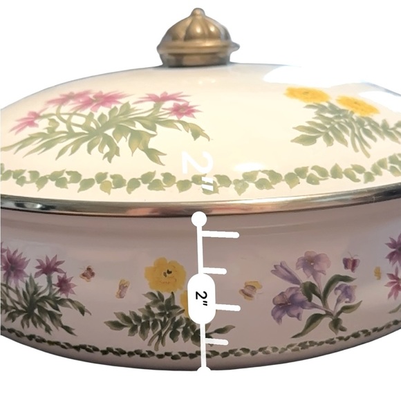 Vintage Lincoware Floral Enameled Pot Casserole Server Dutch Oven Brass Handles - Picture 7 of 8